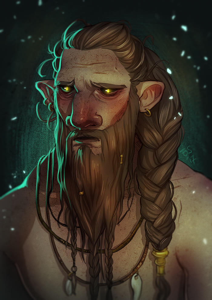 The Giant, a braided and bearded figure with glowing yellow eyes