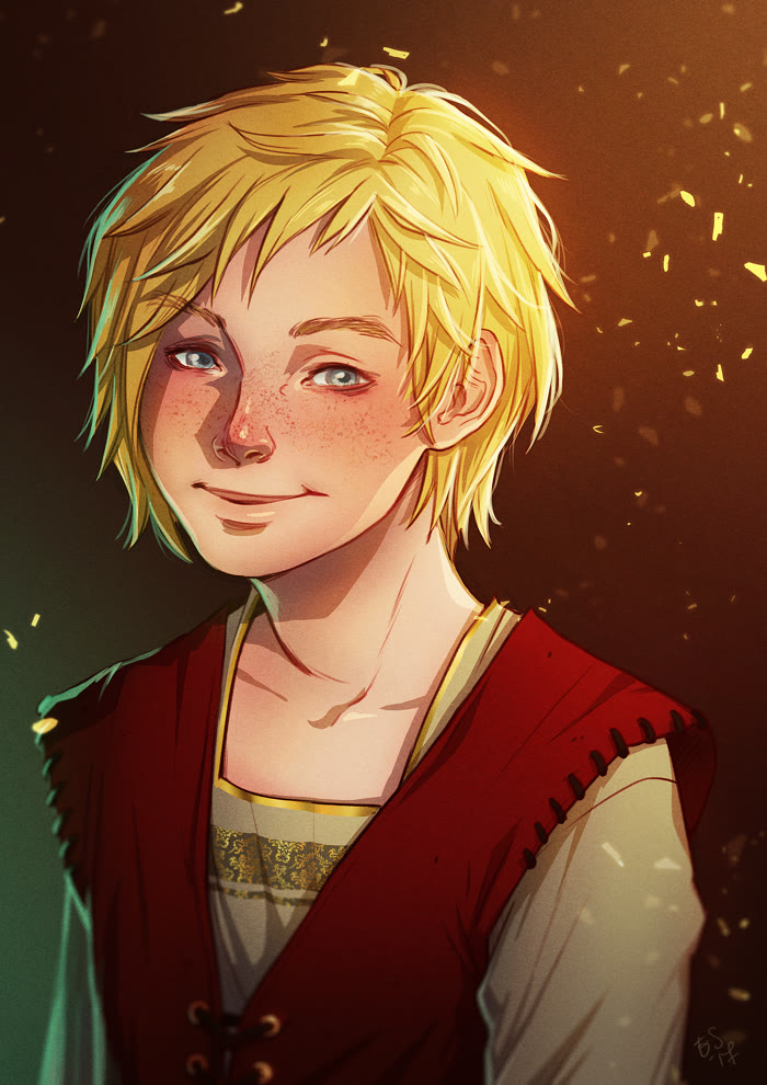 Klaus, a freckled blond boy in a red laced vest, smiling