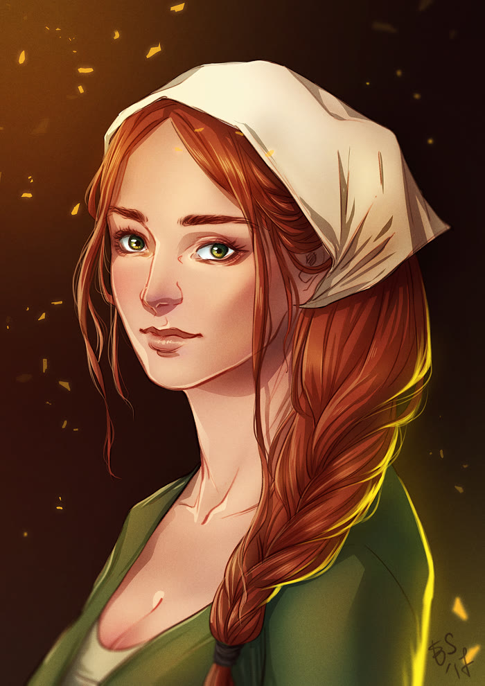 Mother, a red-haired woman with a long braid and a white headscarf